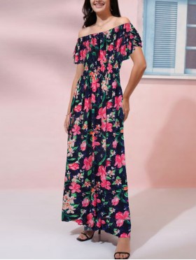 Off-The-Shoulder Floral Print Midi Dress